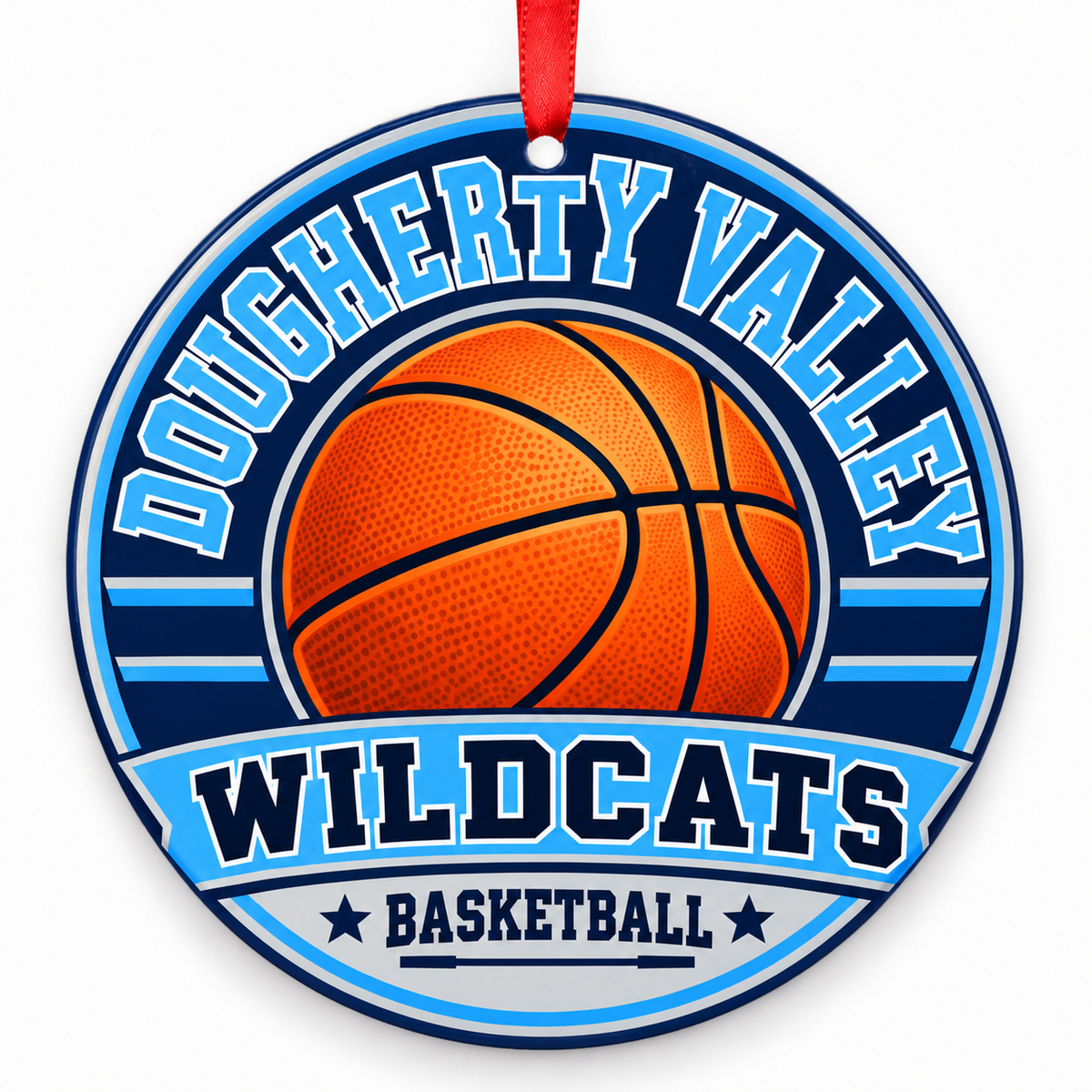 Dougherty Valley Wildcats basketball ornament in navy blue, Columbia blue and silver, San Ramon California