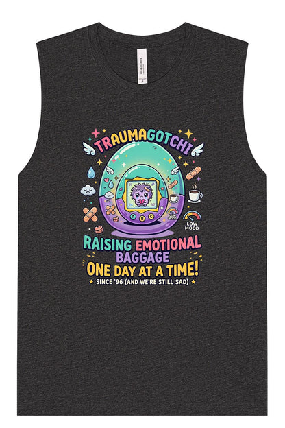 The image is a graphic design featuring a colorful, whimsical illustration of a character in a bag, surrounded by various objects and symbols. The text on the image includes the phrases "Trauma gotcha", "Raising emotional baggage", "One day at a time!", and "Since 1996 (and we're still sad)".