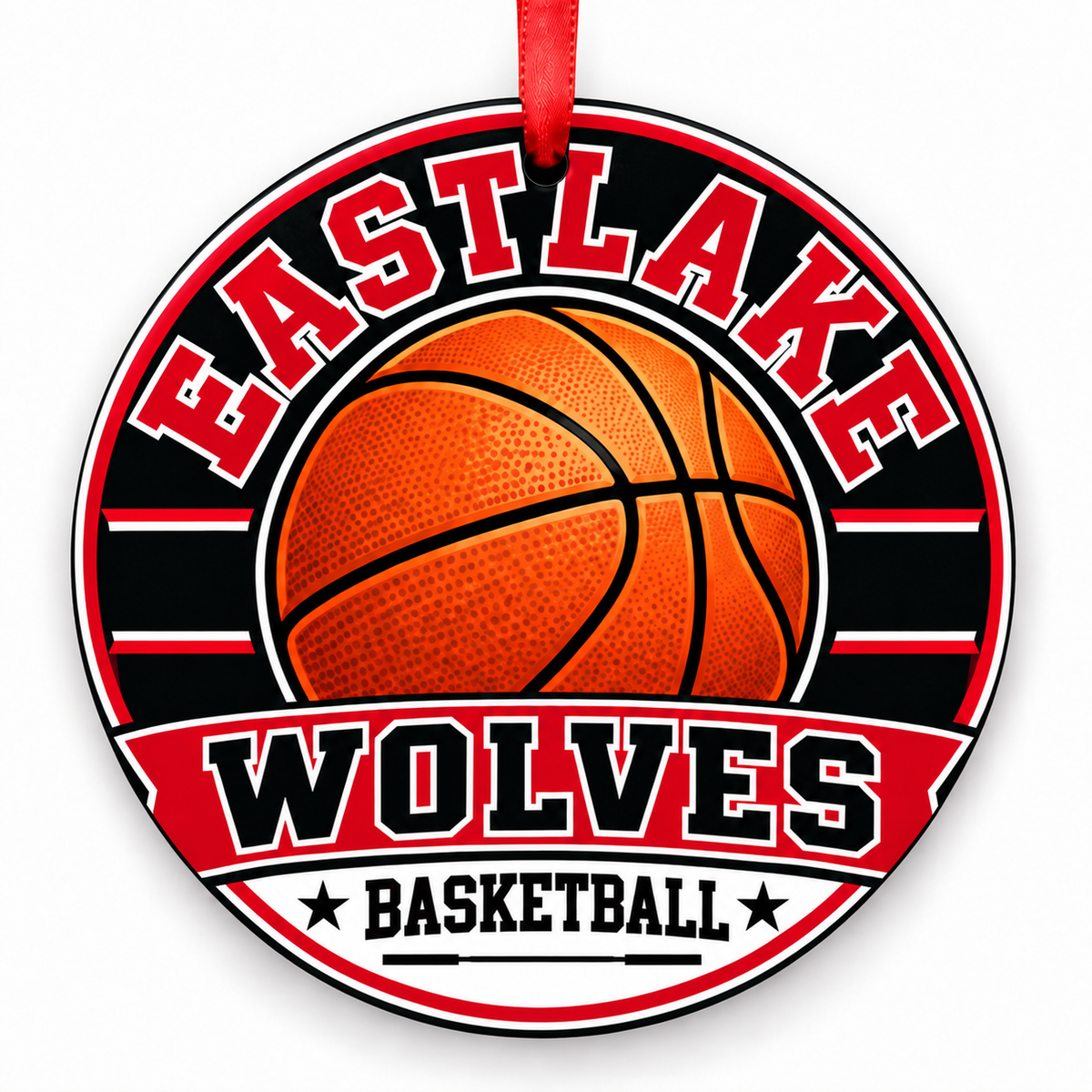 Eastlake High School Wolves basketball ornament in crimson, black, and white with a red ribbon, Sammamish Washington