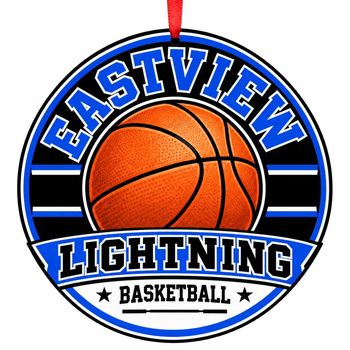 EASTVIEW SENIOR HIGH Lightning basketball ornament in verified official palette: black, blue, white / silver. official named colors; no numeric codes published with a red ribbon, APPLE VALLEY MN