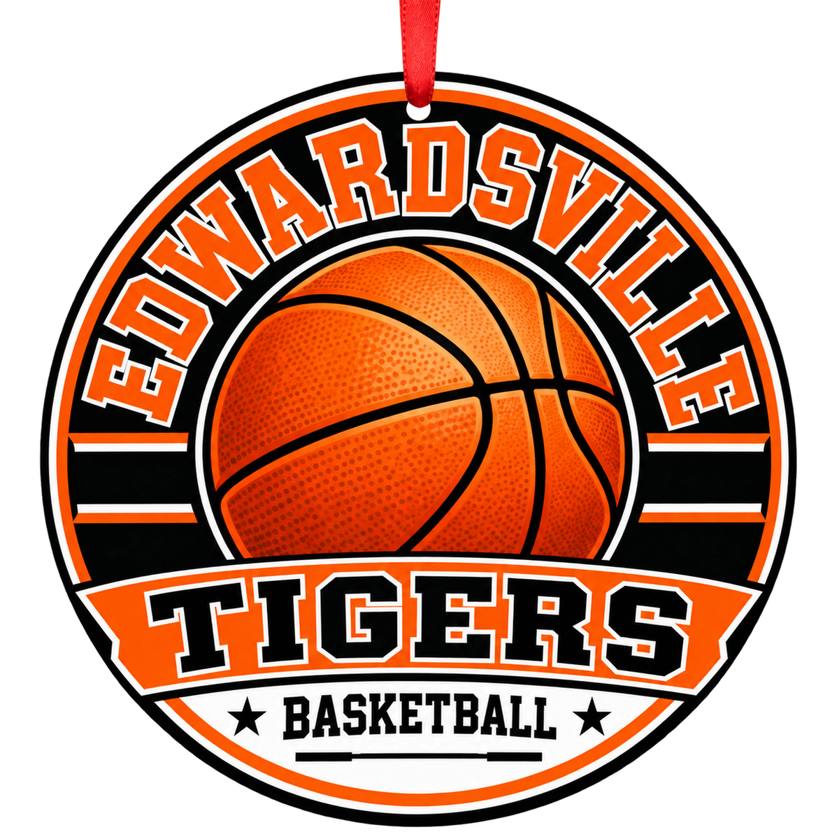 Edwardsville Tigers basketball round ornament in orange and black with red ribbon