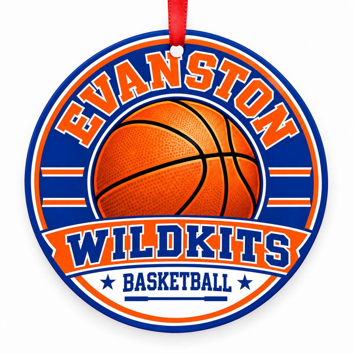 Evanston Township High School Wildkits basketball Christmas ornament in orange and blue with red ribbon, Evanston, Illinois