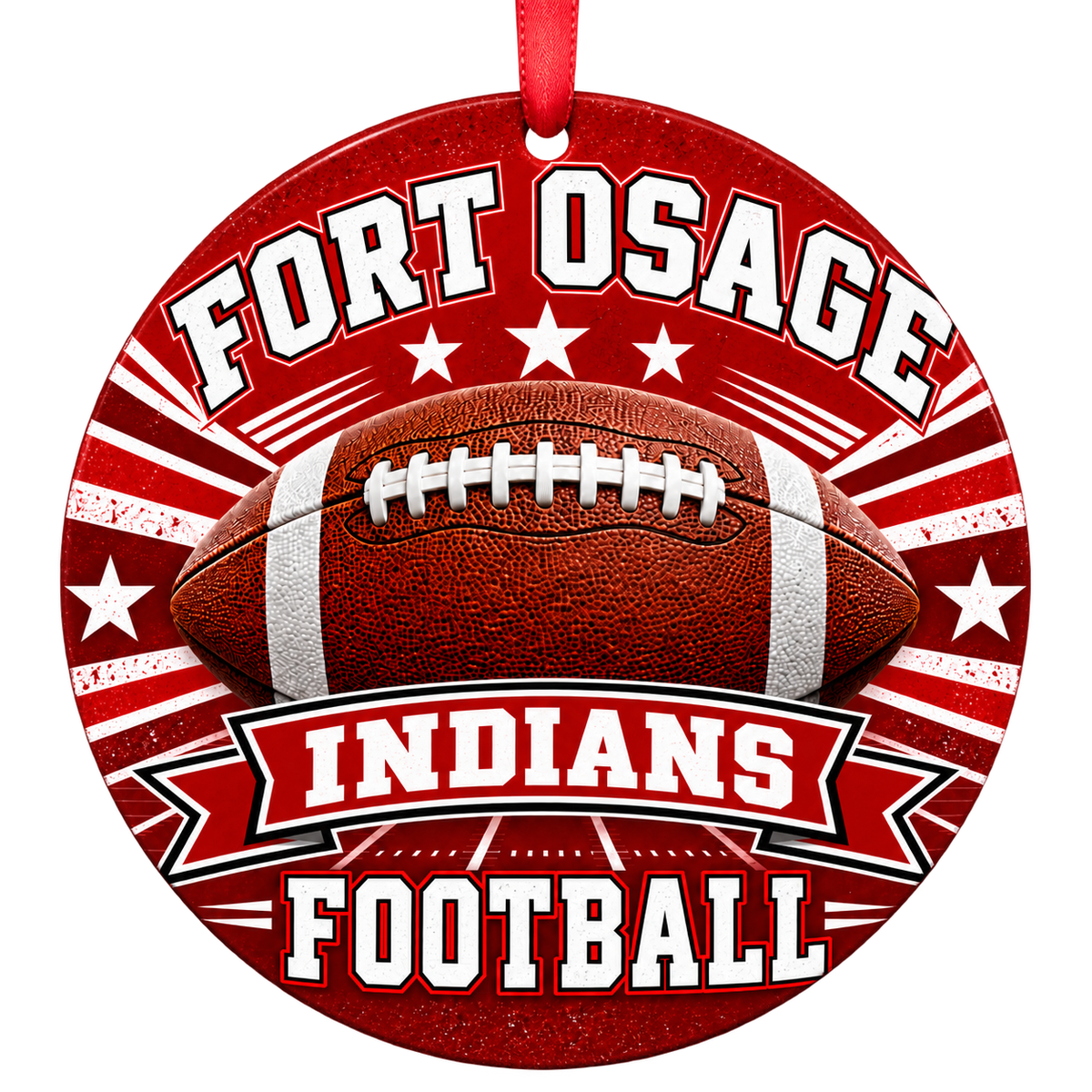 Fort Osage High School Indians Classic Football Christmas ornament in red and white, flat round 3-inch design with red hanging ribbon, Independence Missouri