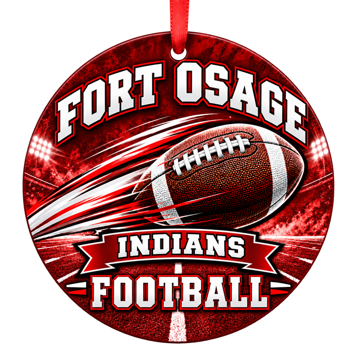 Fort Osage High School Indians Football in Motion Christmas ornament in red and white, flat round 3-inch design with red hanging ribbon, Independence Missouri