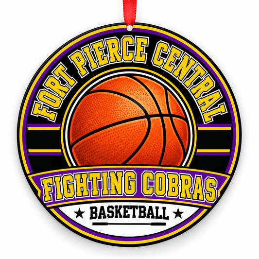 Fort Pierce Central High School Fighting Cobras basketball Christmas ornament in purple, gold with red ribbon, Fort Pierce, Florida