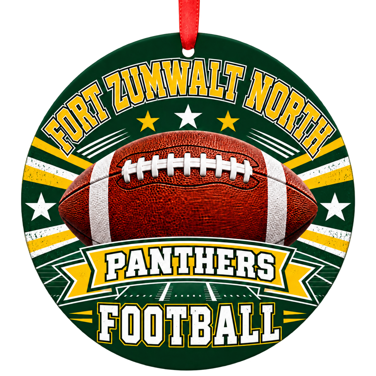 Fort Zumwalt North Panthers Classic Football Christmas ornament in green and gold with red ribbon