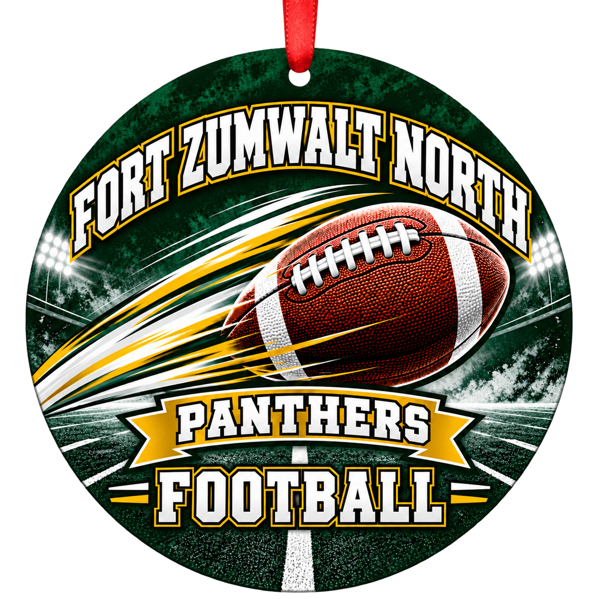Fort Zumwalt North Panthers Football in Motion Christmas ornament in green and gold with red ribbon