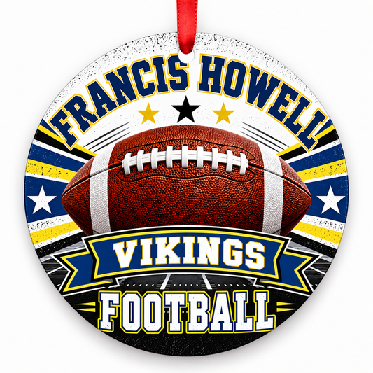 FRANCIS HOWELL VIKINGS football Christmas ornament in blue and gold, flat round design with red hanging ribbon