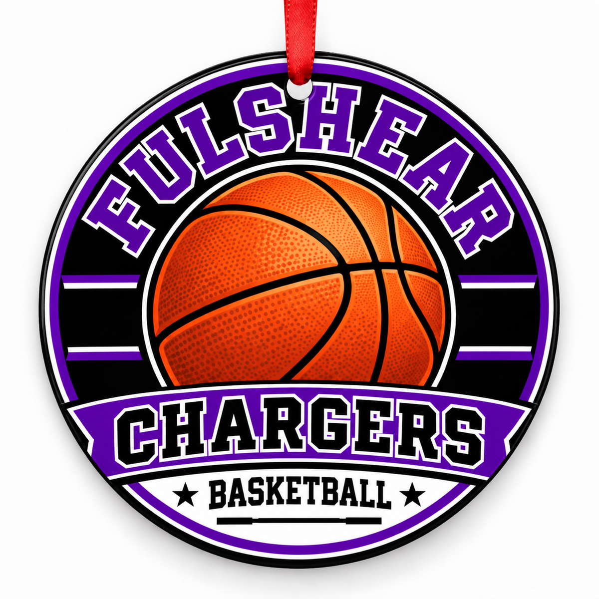 Fulshear High School Chargers basketball Christmas ornament in purple and black with red ribbon, Fulshear, TX