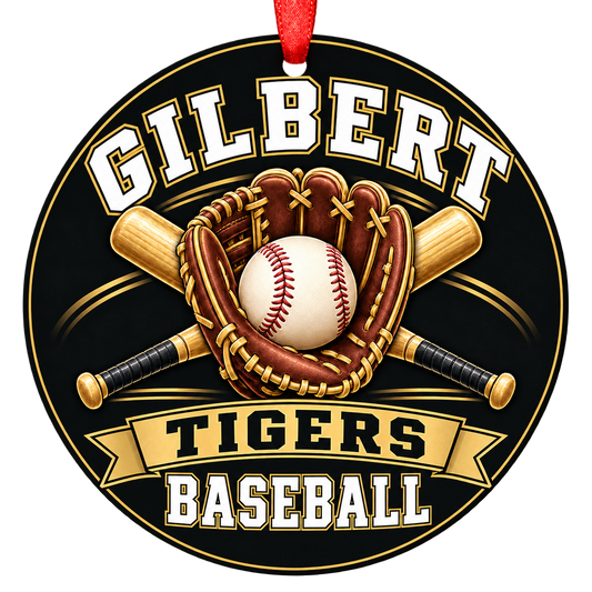 Gilbert Tigers baseball Christmas ornament, Glove and Bats design, Gilbert, Arizona