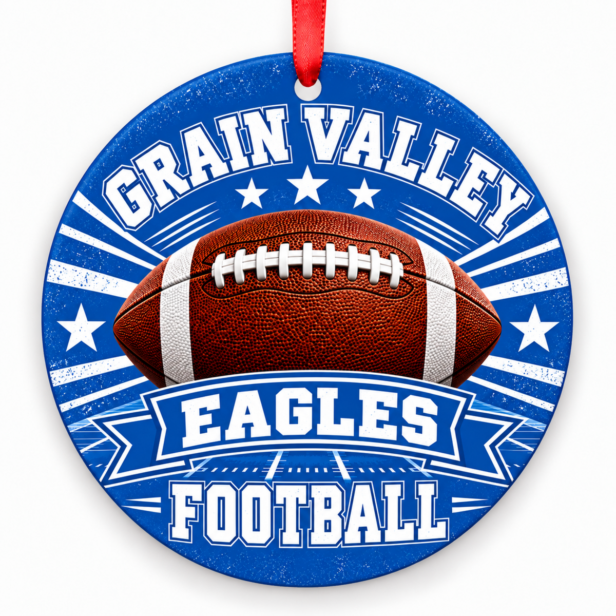 Grain Valley Eagles Classic Football 3-inch round Christmas ornament in blue and white with red hanging ribbon