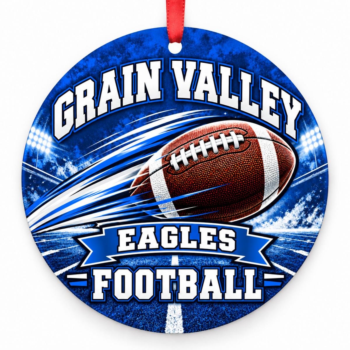 Grain Valley Eagles Football in Motion 3-inch round Christmas ornament with angled football and stadium lights in blue and white