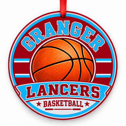 Granger High Lancers basketball Christmas ornament in crimson red, columbia blue, silver gray with red ribbon, West Valley City, Utah