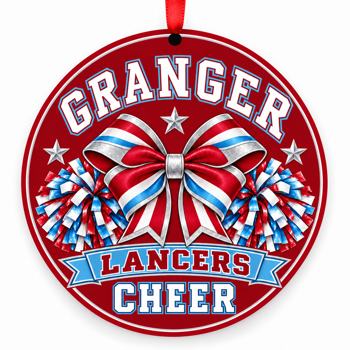 Granger High Lancers cheer ornament with bow and pom-poms