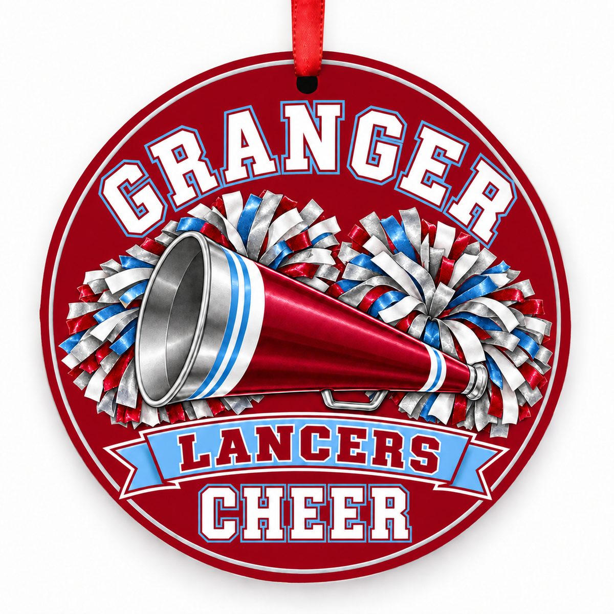 Granger High Lancers cheer ornament with megaphone and pom-poms