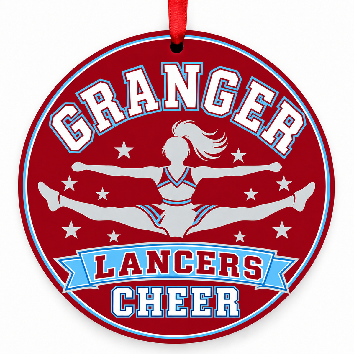 Granger High Lancers cheer ornament with toe-touch jump