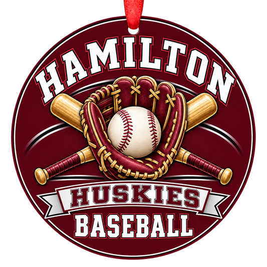 Hamilton Huskies baseball Christmas ornament, Glove and Bats design, Chandler, Arizona