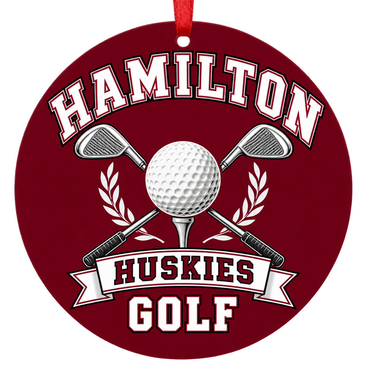 Hamilton Huskies golf Christmas ornament, Crossed Clubs design, Chandler Arizona