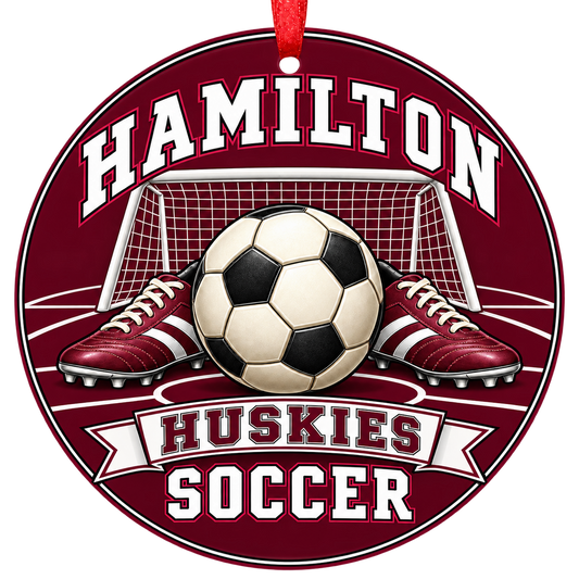 Hamilton Huskies soccer Christmas ornament, Goal and Cleats design, Chandler, Arizona