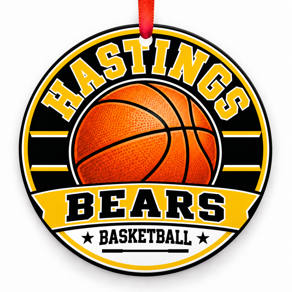 Hastings High School Bears basketball Christmas ornament in black and gold with red ribbon, Houston, Texas