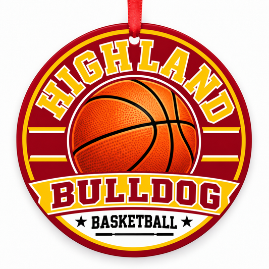 Highland High School Bulldog basketball Christmas ornament in cardinal and gold with red ribbon, Palmdale, California