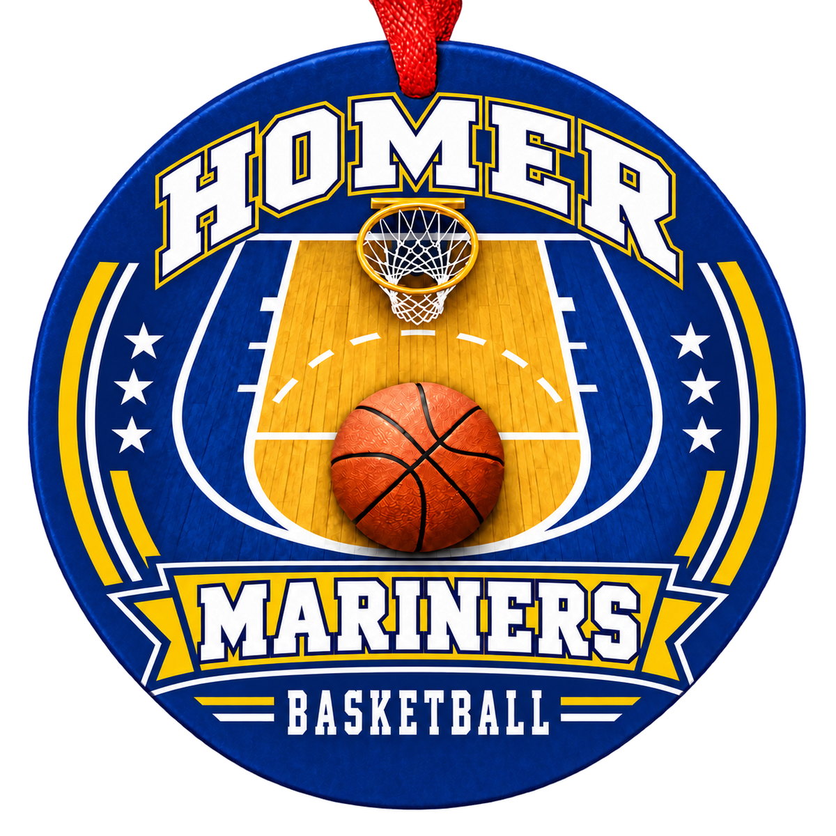 Homer High School Mariners basketball Christmas ornament, Court design in blue and gold with red ribbon
