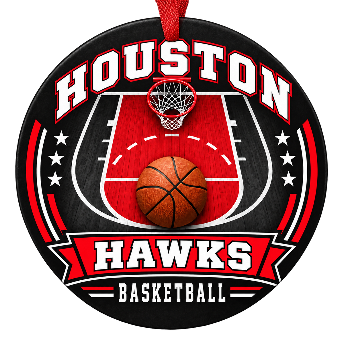 Houston Hawks basketball court design Christmas ornament in black and red for Houston High School, Big Lake, Alaska