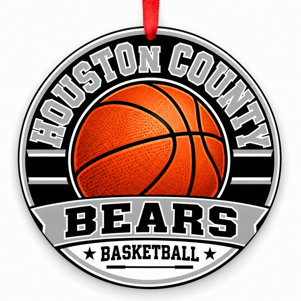 Houston County High School Bears basketball Christmas ornament in black, silver, and white