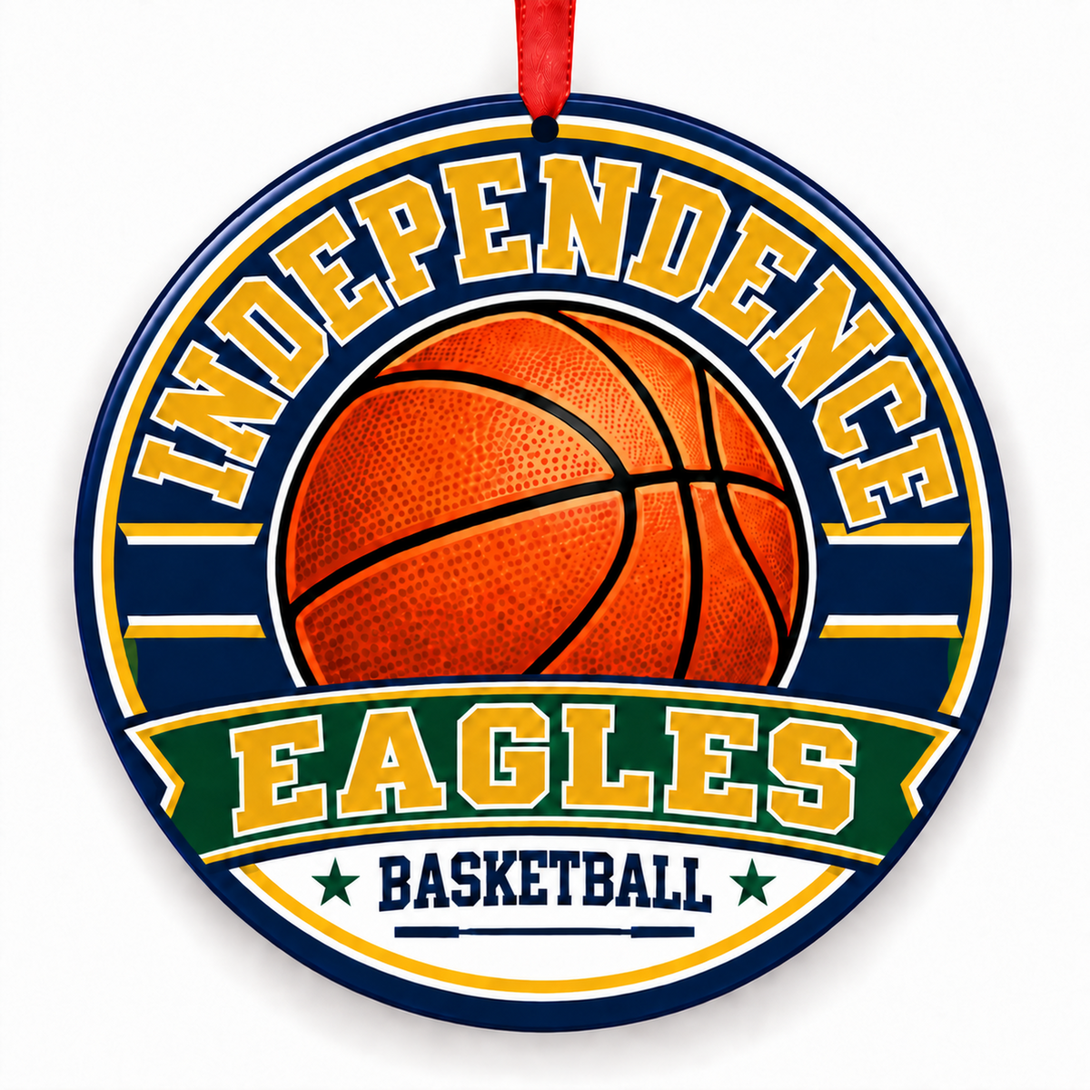 Independence High School Eagles basketball Christmas ornament in navy, green, and gold