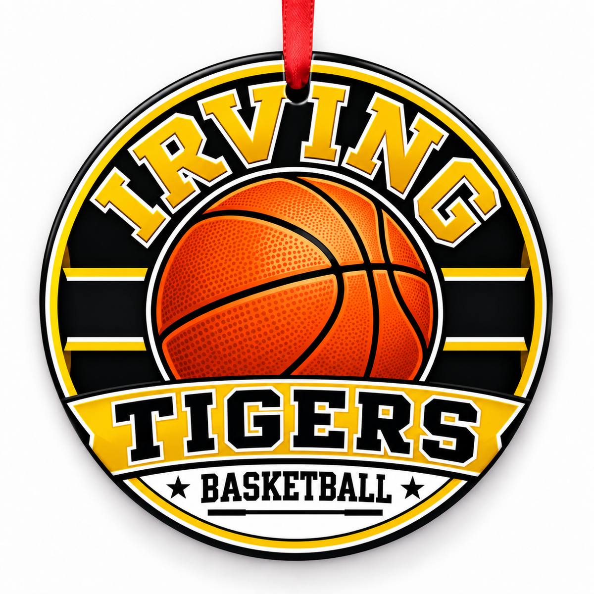 Irving High School Tigers basketball ornament in black and gold with a red ribbon, Irving Texas