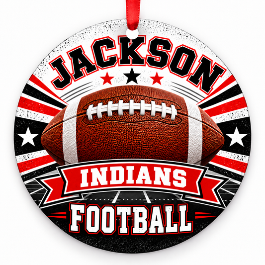 JACKSON INDIANS football Christmas ornament in red and black, flat round design with red hanging ribbon