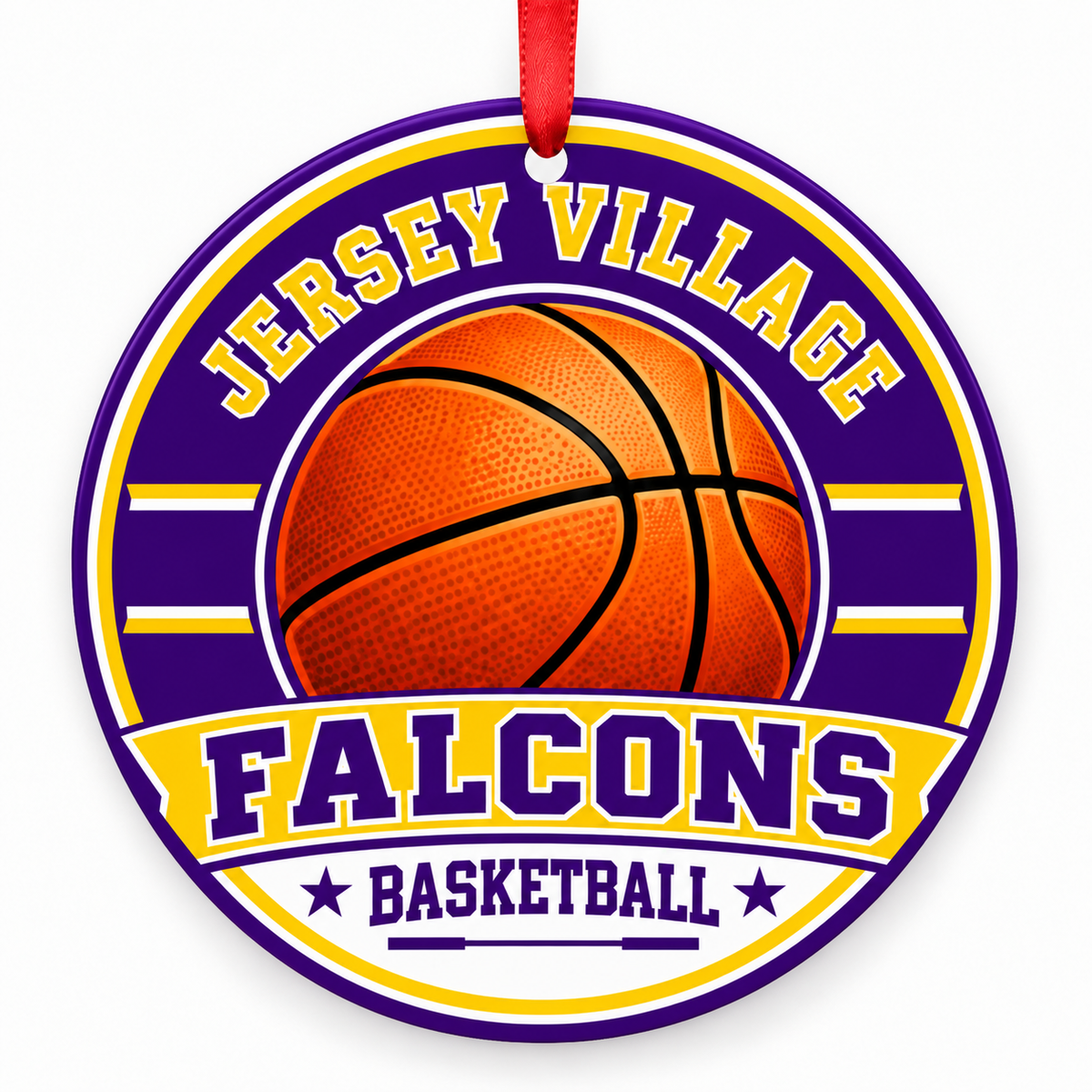 Jersey Village High School Falcons basketball Christmas ornament in purple and gold with red ribbon, Houston, TX