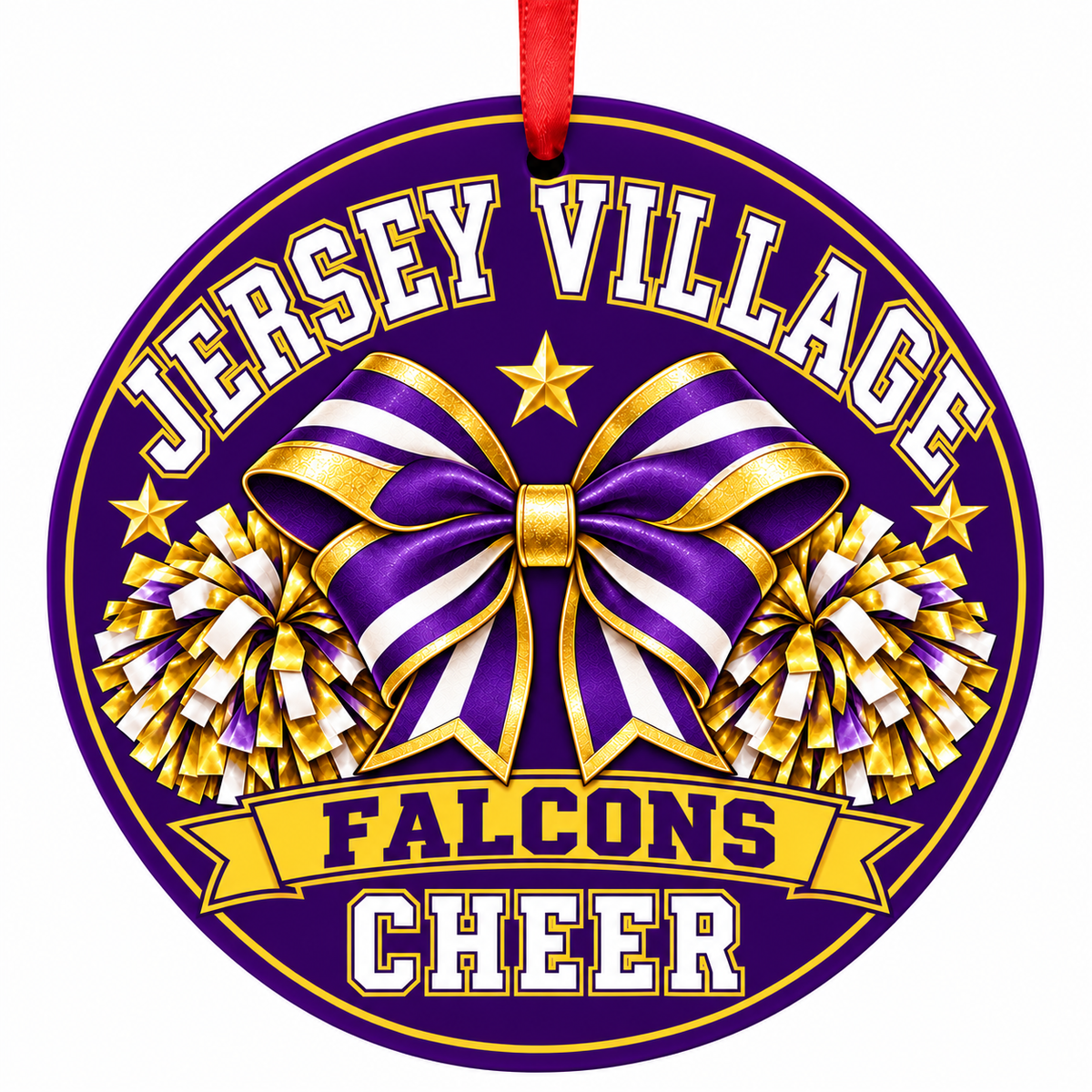 Jersey Village High School Falcons cheer ornament with bow and pom-poms