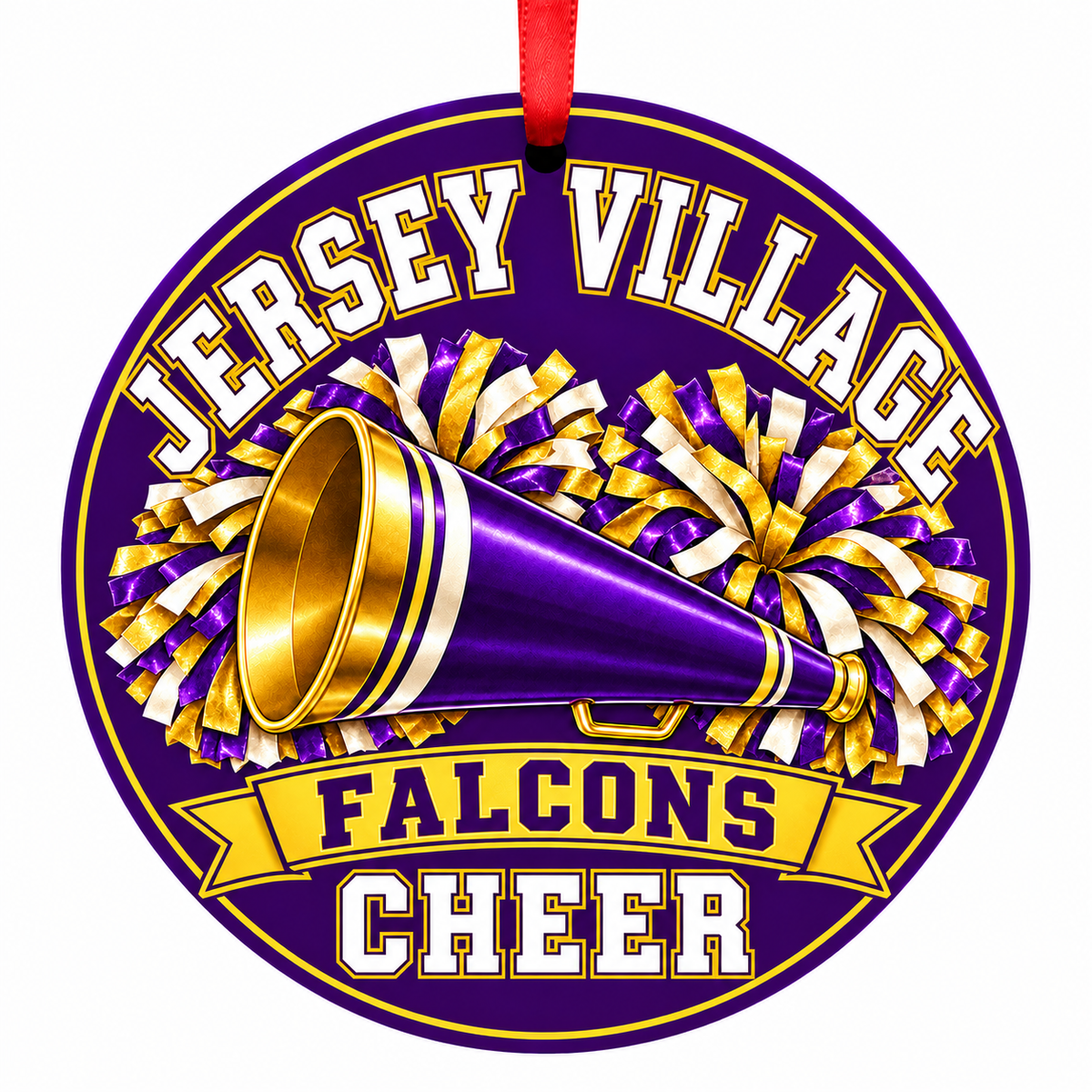 Jersey Village High School Falcons cheer ornament with megaphone and pom-poms