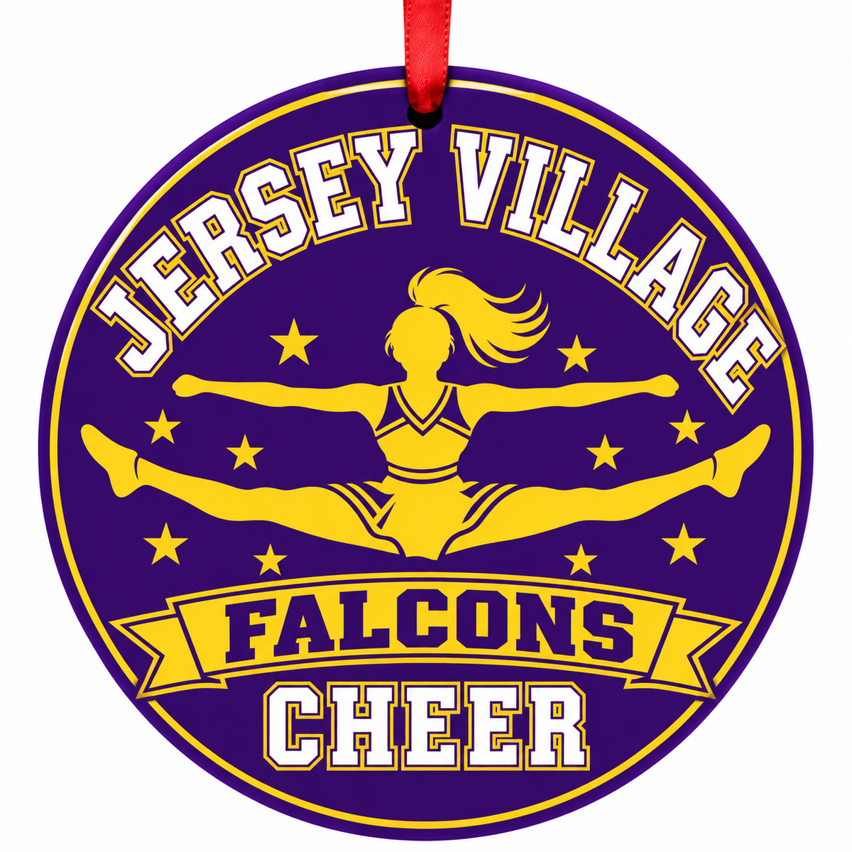 Jersey Village High School Falcons cheer ornament with toe-touch jump