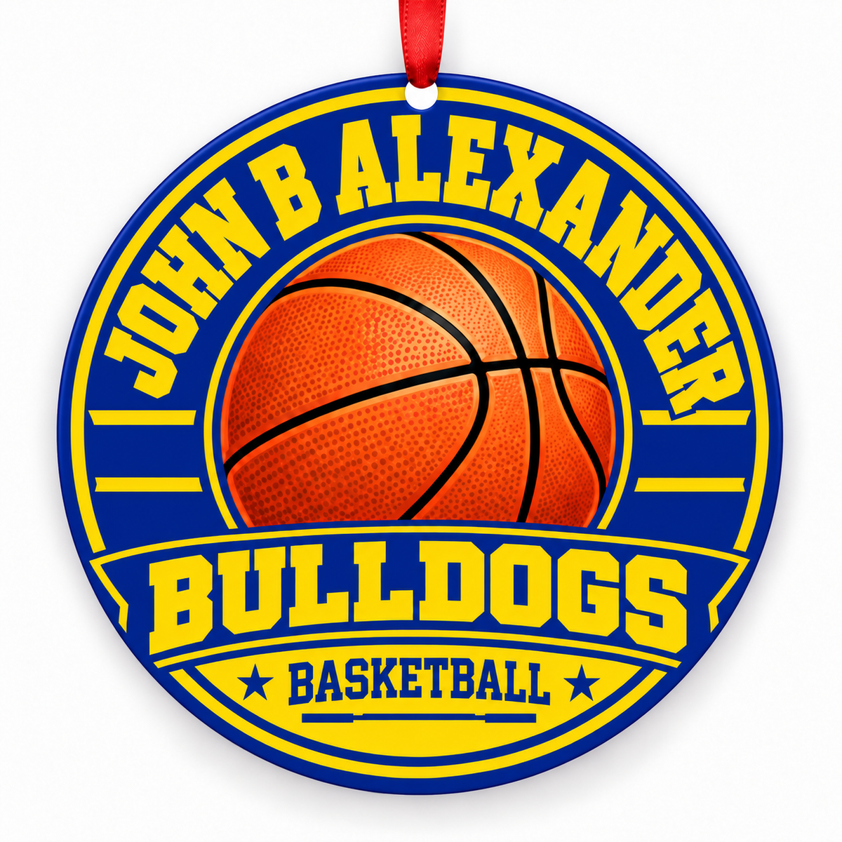 John B. Alexander High School Bulldogs basketball Christmas ornament in blue and gold with red ribbon, Laredo, Texas; corrected clear lettering