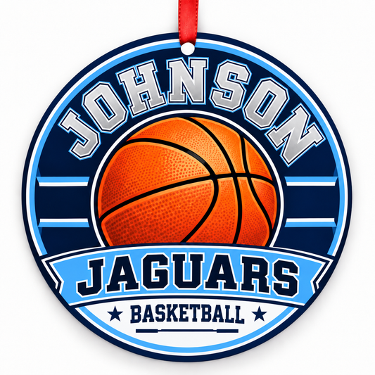 Johnson High School Jaguars basketball Christmas ornament in Columbia blue, navy, and silver with red ribbon, San Antonio, Texas
