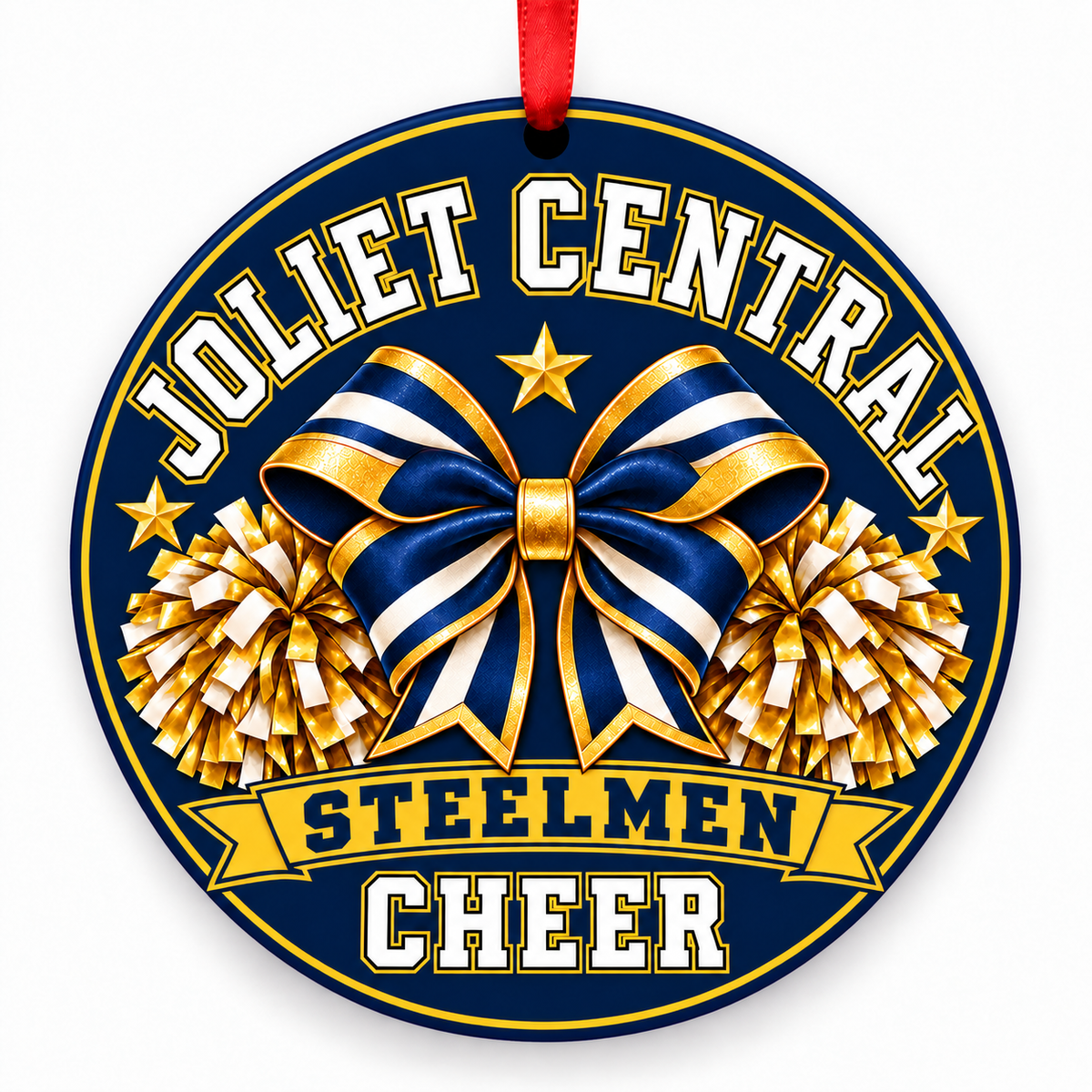 Joliet Central High School Steelmen cheer ornament with bow and pom-poms