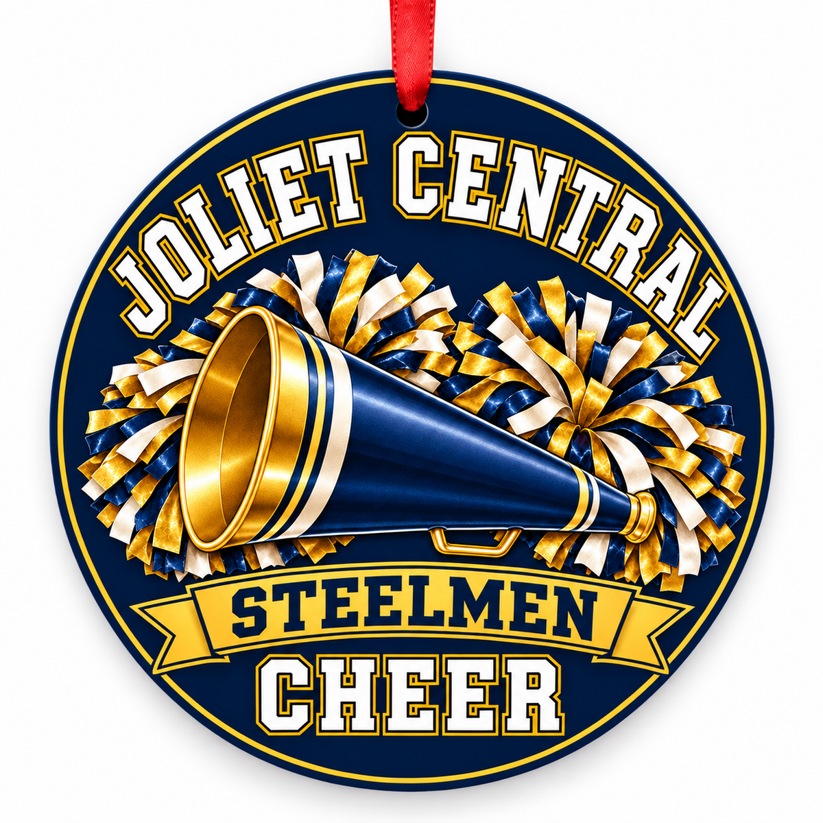 Joliet Central High School Steelmen cheer ornament with megaphone and pom-poms