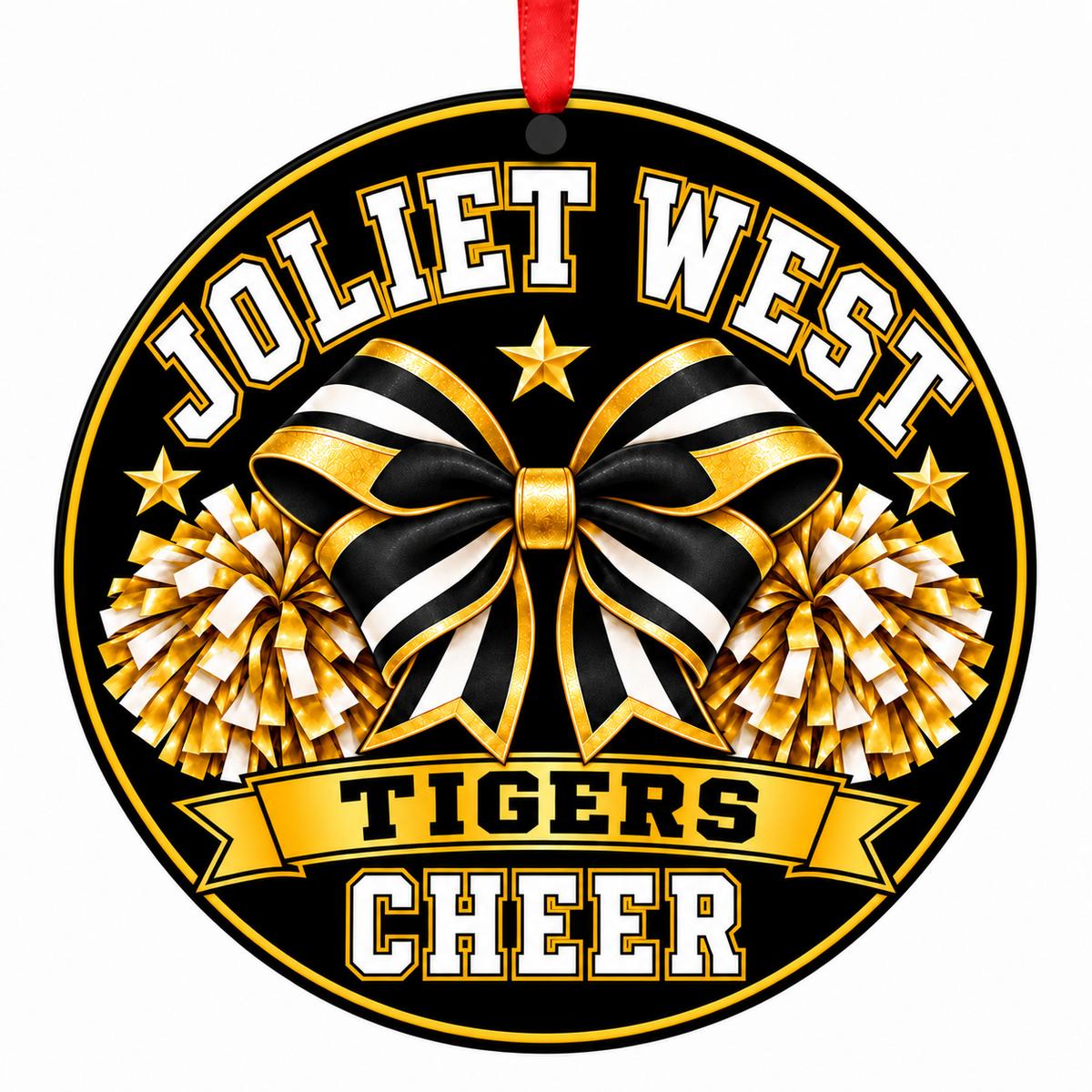 Joliet West High School Tigers cheer Bow and Pom-Poms Christmas ornament