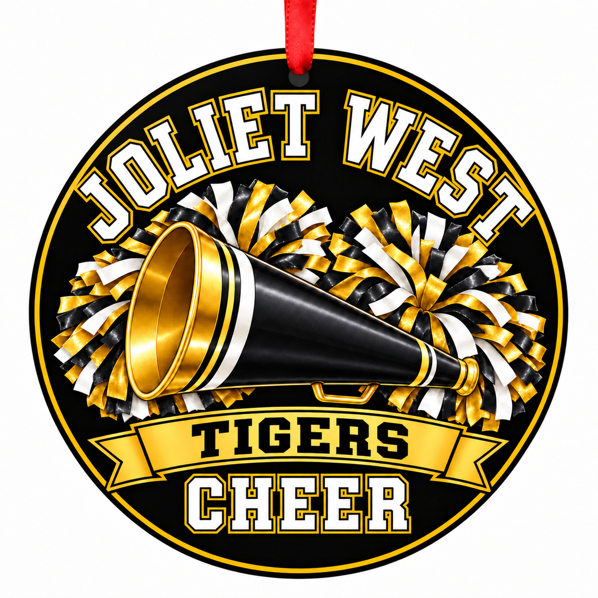 Joliet West High School Tigers cheer Megaphone and Pom-Poms Christmas ornament