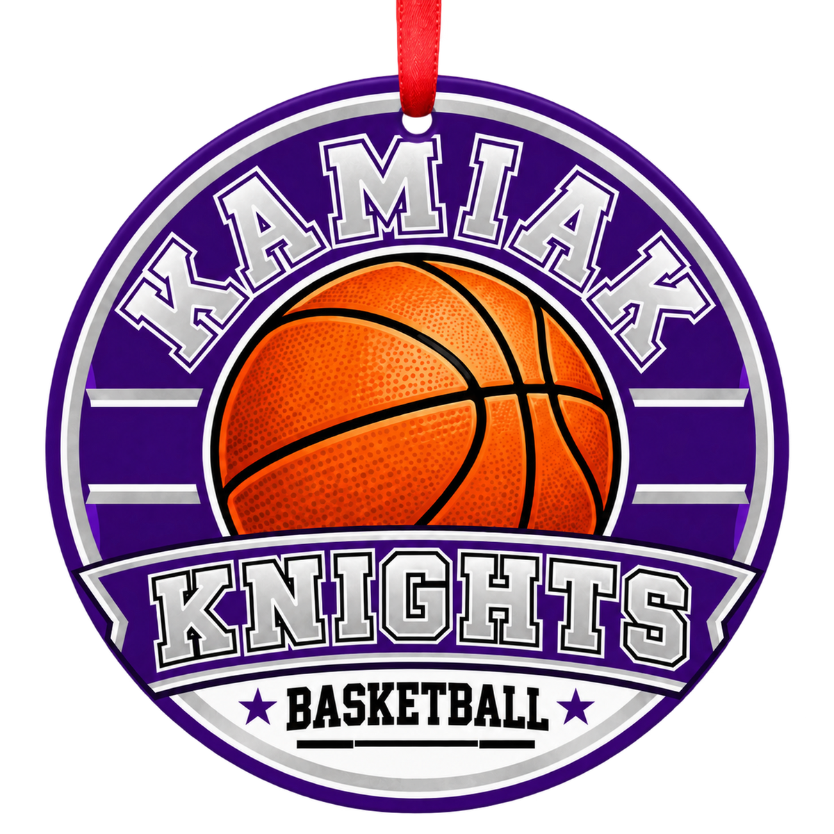 Kamiak High School Knights basketball Christmas ornament in purple, silver, and white
