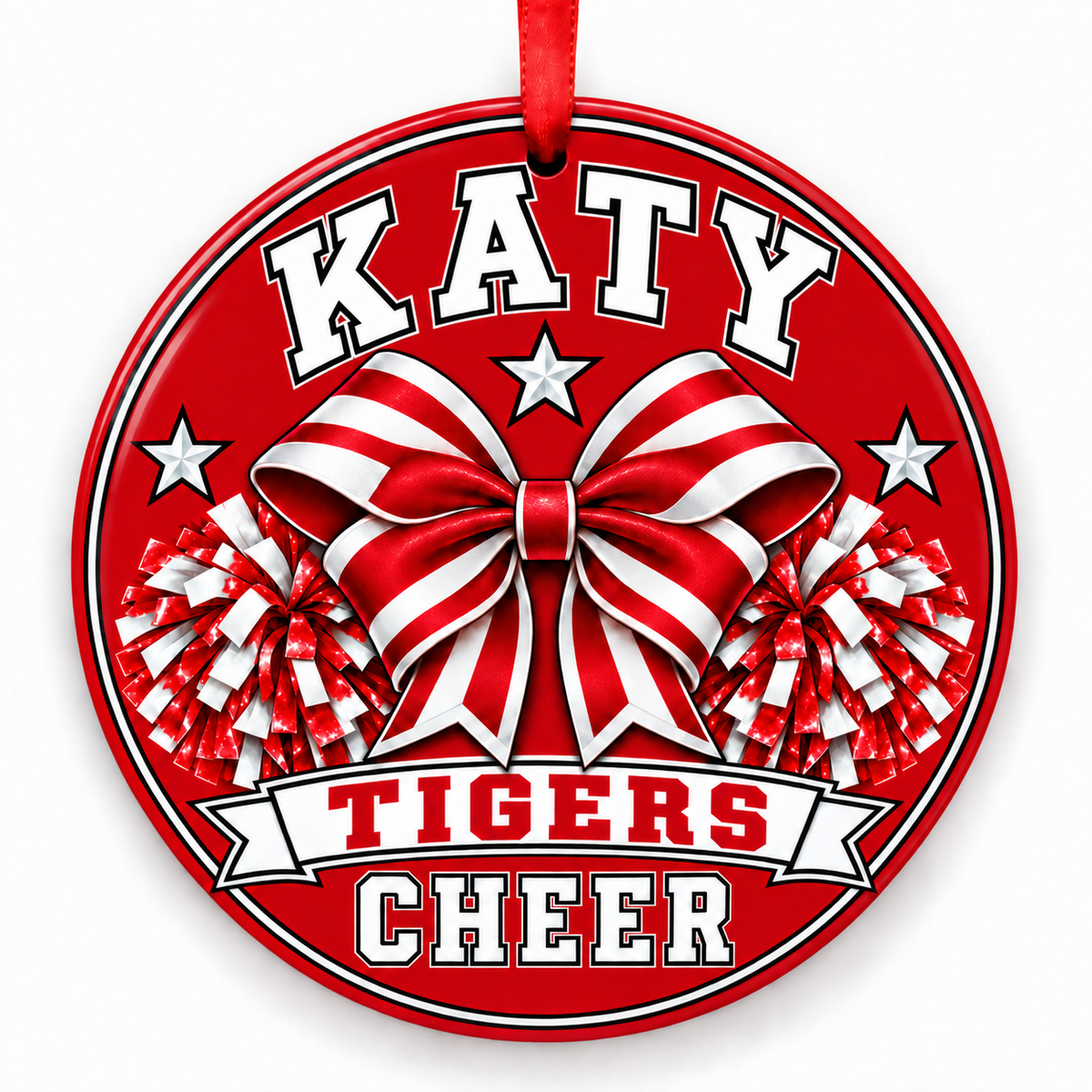Katy High School Tigers cheer bow and pom-poms Christmas ornament in red and white