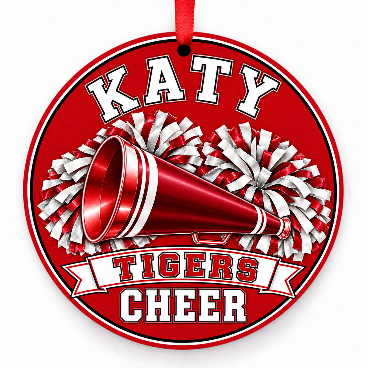Katy High School Tigers cheer megaphone and pom-poms Christmas ornament in red and white