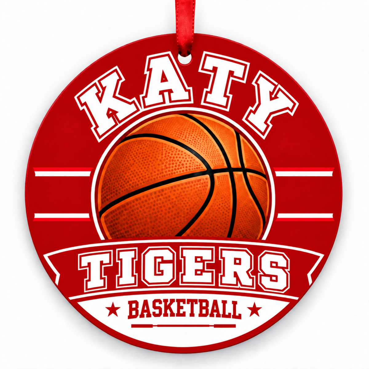 Katy High School Tigers basketball ornament in red and white with approved no-ring design, Katy, Texas