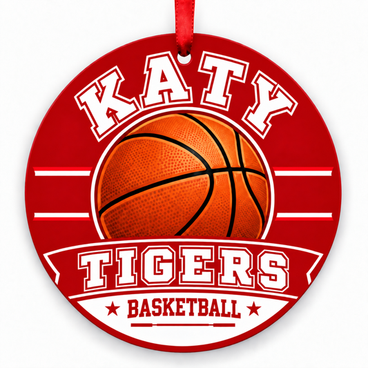 Katy High School Tigers basketball ornament in red and white with approved no-ring design, Katy, Texas