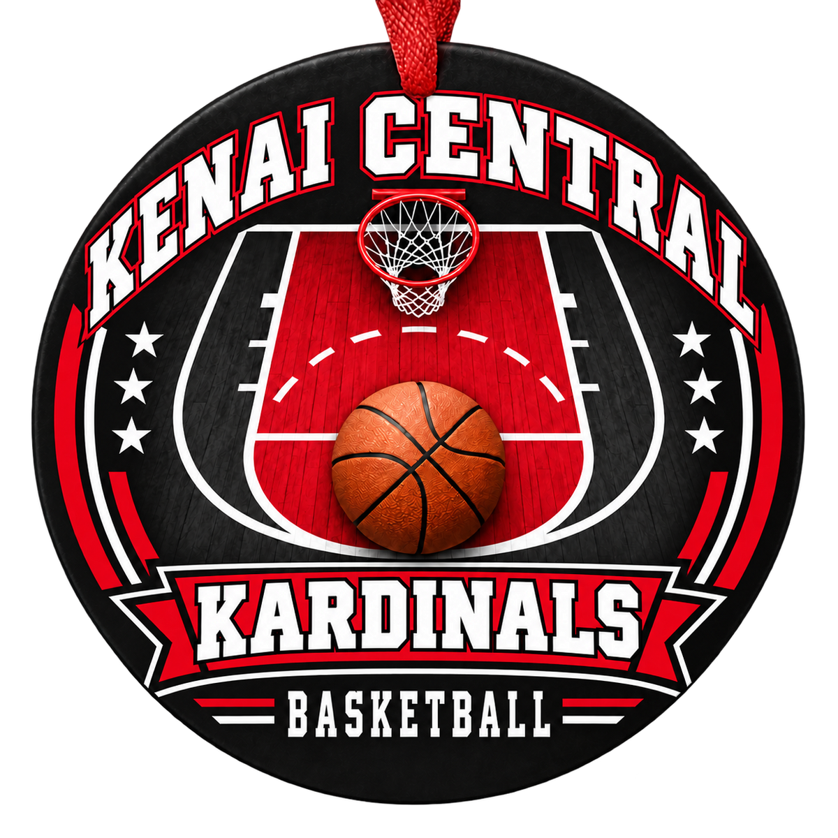 Kenai Central High School Kardinals basketball Christmas ornament, Court design in Kardinal red, White, Black with red hanging ribbon