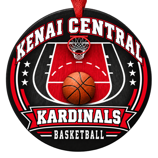 Kenai Central High School Kardinals basketball Christmas ornament, Court design in Kardinal red, White, Black with red hanging ribbon