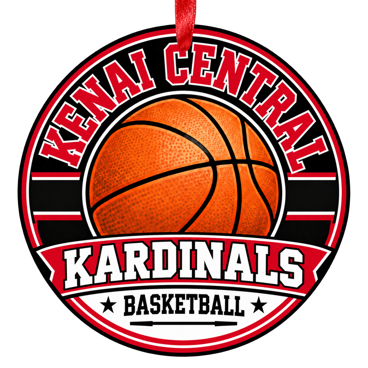 Kenai Central High School Kardinals basketball Christmas ornament, Classic design in Kardinal red, White, Black with red hanging ribbon
