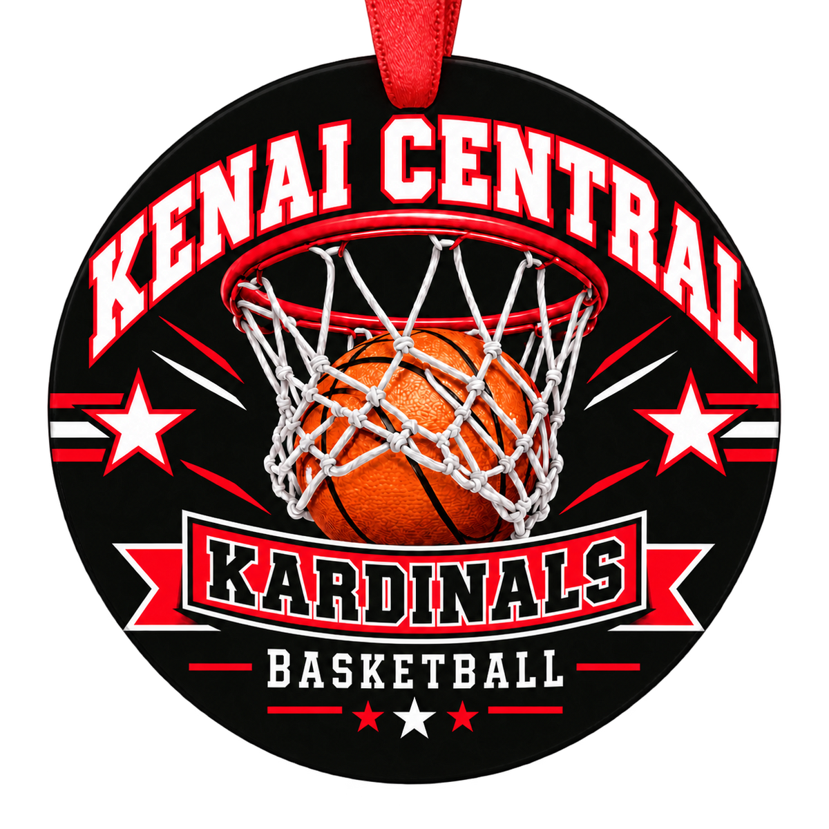 Kenai Central High School Kardinals basketball Christmas ornament, Hoop design in Kardinal red, White, Black with red hanging ribbon